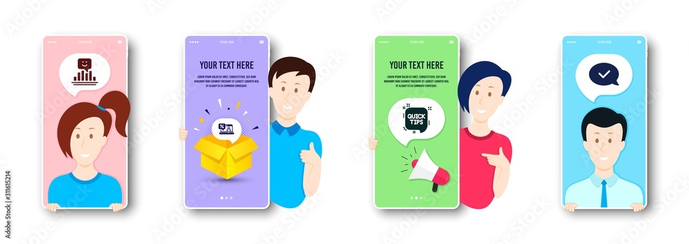 Fototapeta premium Smile, Online loan and Quick tips icons simple set. People on phone screen. Approved message sign. Positive feedback, Discount percent, Helpful tricks. Accepted chat. Technology set. Vector