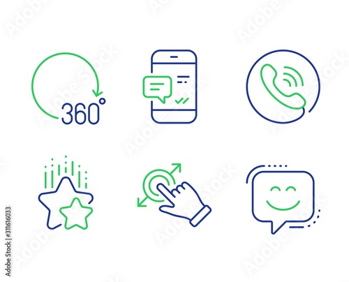 360 degrees, Touchscreen gesture and Call center line icons set. Ranking stars, Smartphone notification and Smile face signs. Full rotation, Drag drop, Phone support. Winner award. Vector