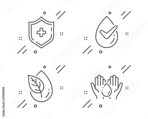 Dermatologically tested, Medical shield and Organic product line icons set. Wash hands sign. Organic, Medicine protection, Leaf. Skin care. Healthcare set. Vector