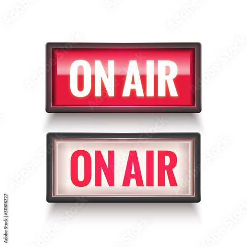 ON AIR studio light sign. Media broadcasting warning sign. Live board production record attention
