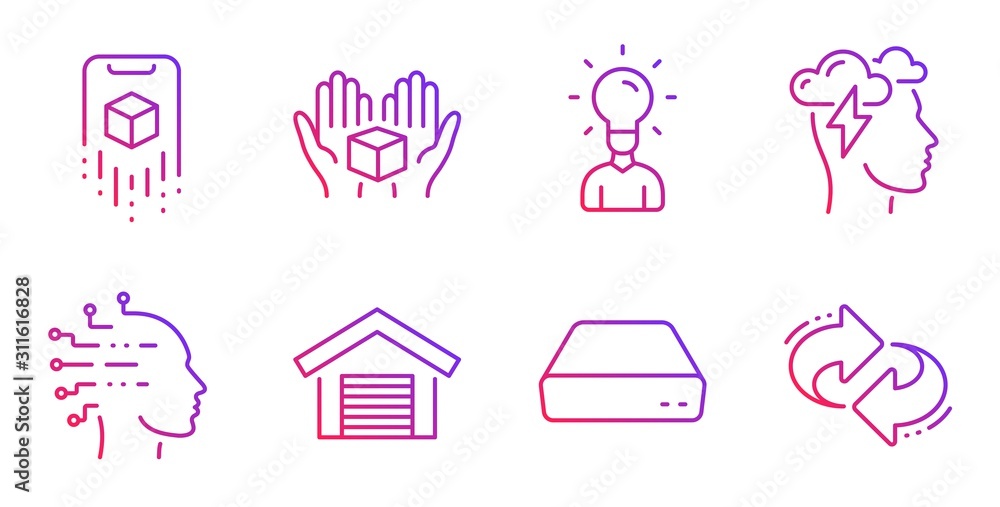 Mindfulness stress, Artificial intelligence and Augmented reality line icons set. Mini pc, Hold box and Education signs. Parking garage, Refresh symbols. Cloud storm, Mind intellect. Vector Mindfulness stress, Artificial intelligence and Augmented reality line icons set. Mini pc, Hold box and Education signs. Parking garage, Refresh symbols. Cloud storm, Mind intellect. Vector