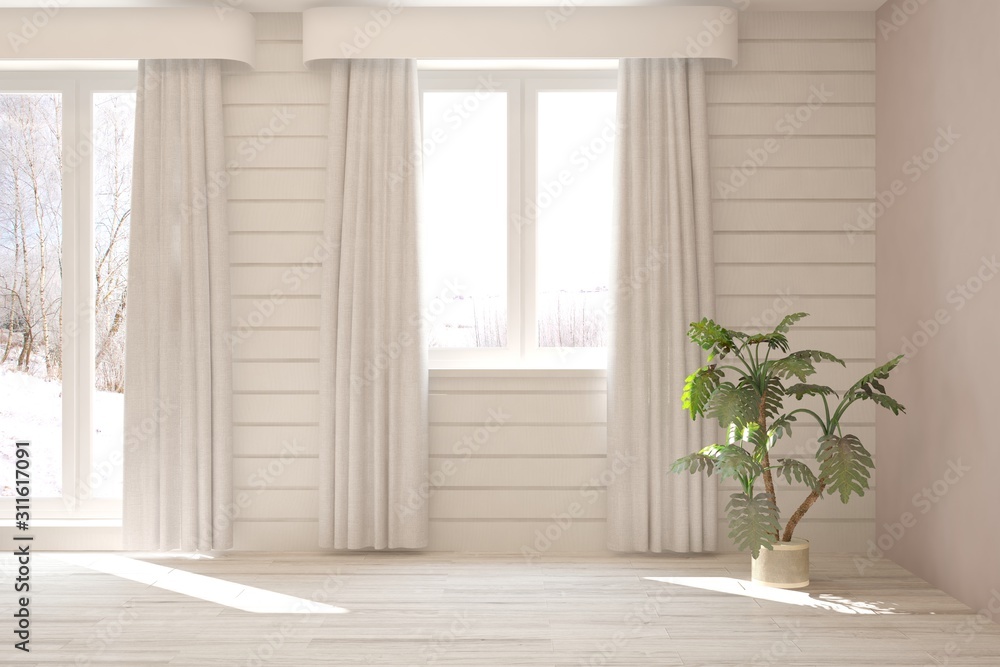 Mock up of empty room in white color with winter landscape in window. Scandinavian interior design. 3D illustration Mock up of empty room in white color with winter landscape in window. Scandinavian interior design. 3D illustration