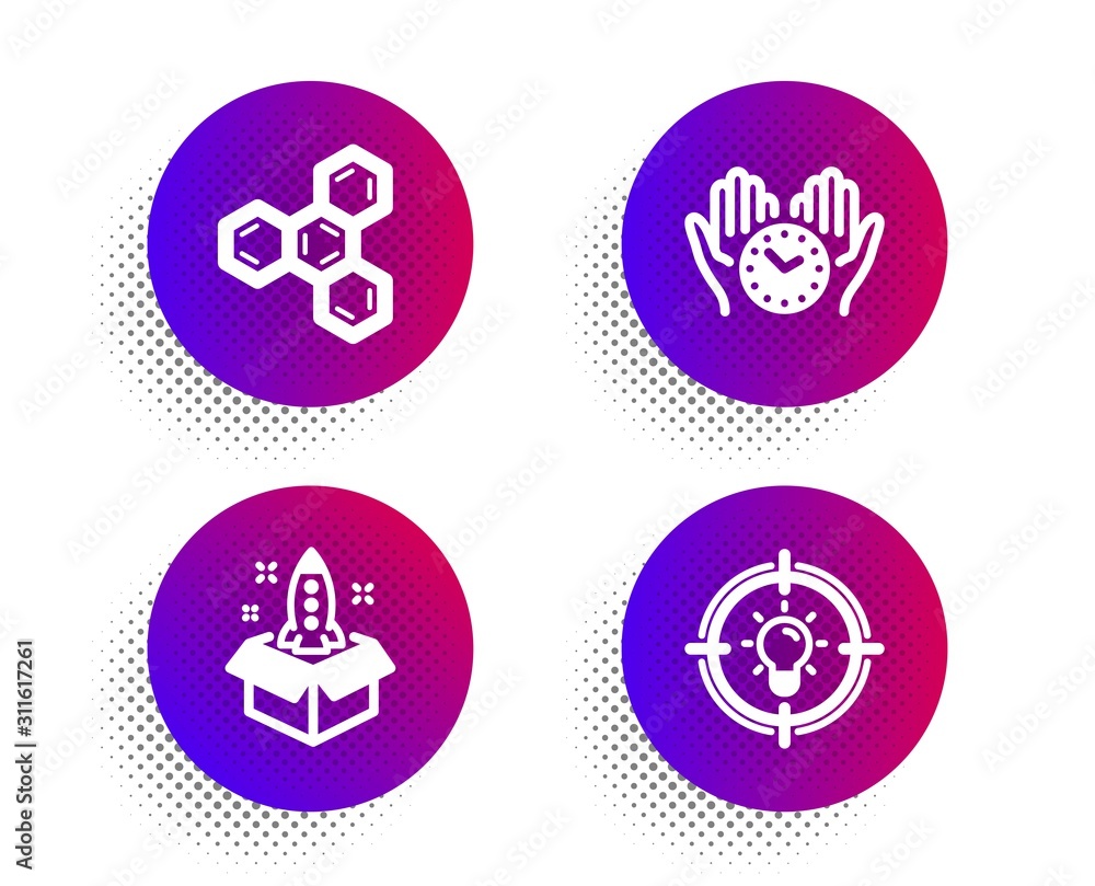 Chemical formula, Startup and Safe time icons simple set. Halftone dots button. Idea sign. Chemistry, Innovation, Hold clock. Solution. Education set. Classic flat chemical formula icon. Vector