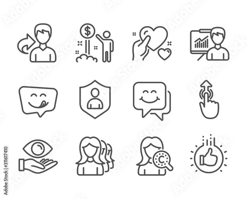 Set of People icons, such as Smile face, Yummy smile, Like hand, Income money, Health eye, Swipe up, Security, Collagen skin, Hold heart, Women headhunting, Presentation, Share line icons. Vector