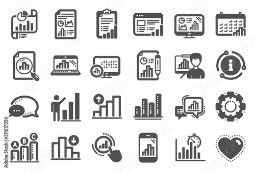 Graph icons. Set of Chart presentation, Report, Increase growth graph icons. Analytics testing, Falling demand, Pie chart report. Calendar statistics, Stats. Ab testing, Increase sales. Vector