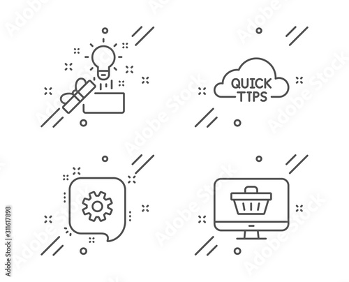 Quick tips, Cogwheel and Creative idea line icons set. Web shop sign. Helpful tricks, Engineering, Present box. Shopping cart. Business set. Line quick tips outline icon. Vector