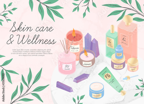 Vector set of skincare cosmetic products,creams, serum,moisture mask,oil,amethyst crystals,candles,eucalyptus on a decorative marble tray.Skin care,aromatherapy,spa and wellness concept.Beauty routine