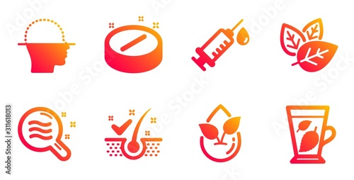 Skin condition, Organic tested and Medical syringe line icons set. Anti-dandruff flakes, Medical tablet and Face scanning signs. Organic product, Mint leaves symbols. Vector