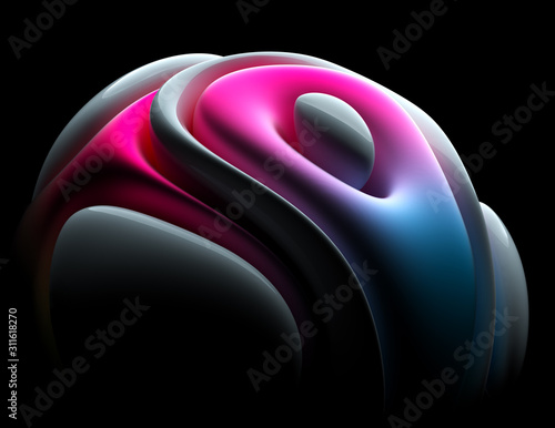 Fototapeta Naklejka Na Ścianę i Meble -  3d render of art 3d background with part of abstract flower in organic curve round wavy smooth and soft bio form in white glossy ceramic material with matte parts in pink and blue gradient color