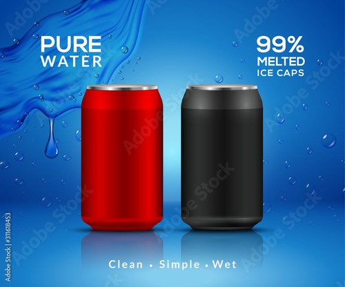 Water bottle mineral background. Metal water bottle advertising drink cooler, splash clear water product