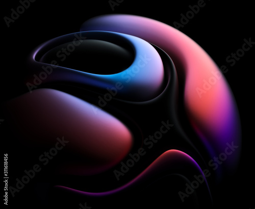3d render of art 3d background with part of abstract 3d ball in organic curve wavy round smooth and soft bio forms in black matte plastic material with parts in blue and red gradient color on black