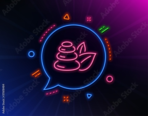 Spa stones line icon. Neon laser lights. Bath resort sign. Hotel service symbol. Glow laser speech bubble. Neon lights chat bubble. Banner badge with spa stones icon. Vector