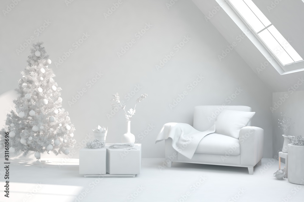 Winter new year interior of living room with armchair in white color. Scandinavian design. 3D illustration Winter new year interior of living room with armchair in white color. Scandinavian design. 3D illustration