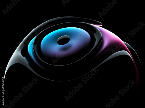 3d render of abstract art 3d background with part of 3d ball in organic curve round smooth and soft bio form in black glossy plastic material with matte parts in blue and red gradient color on black  photo