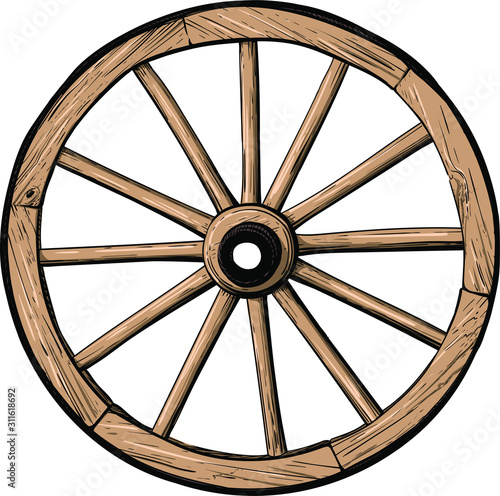 old classic wooden wheel from cart or stagecoach color isolated on white background photo