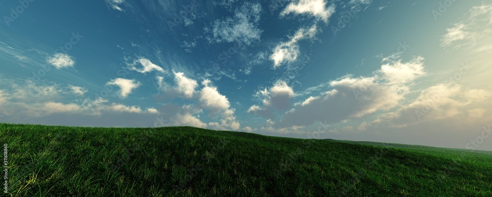 Beautiful green grass meadow in the fog at sunrise, 3D rendering. Beautiful green grass meadow in the fog at sunrise, 3D rendering.