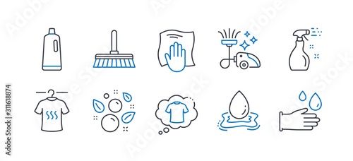 Set of Cleaning icons, such as Dry t-shirt, Washing cloth, T-shirt, Cleaning spray, Vacuum cleaner, Cleaning mop, Water splash, Clean bubbles, Shampoo, Rubber gloves line icons. Vector