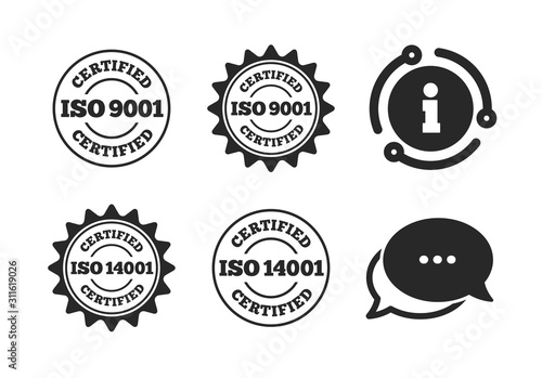 Certification star stamps symbols. Chat, info sign. ISO 9001 and 14001 certified icons. Quality standard signs. Classic style speech bubble icon. Vector
