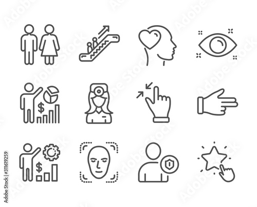 Set of People icons, such as Restroom, Touchscreen gesture, Oculist doctor, Escalator, Seo statistics, Friend, Health eye, Click hand, Face detection, Employees wealth, Security. Restroom icon. Vector