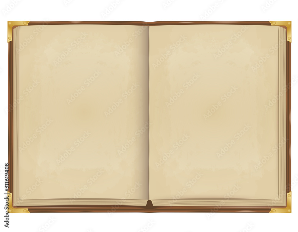 realistic vector. an old open book bound in leather with metal corners. blank pages of yellow parchment paper. isolated on white background realistic vector. an old open book bound in leather with metal corners. blank pages of yellow parchment paper. isolated on white background