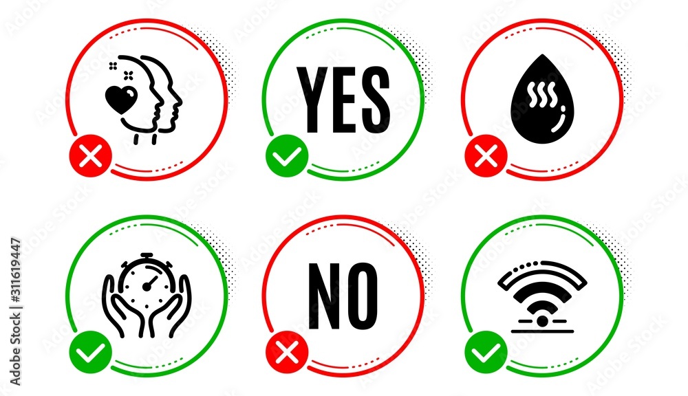 Heart, Timer and Hot water icons simple set. Yes no check box. Wifi sign. Love head, Deadline management, Aqua drop. Wireless internet. Business set. Heart icon. Check mark. Vector Heart, Timer and Hot water icons simple set. Yes no check box. Wifi sign. Love head, Deadline management, Aqua drop. Wireless internet. Business set. Heart icon. Check mark. Vector