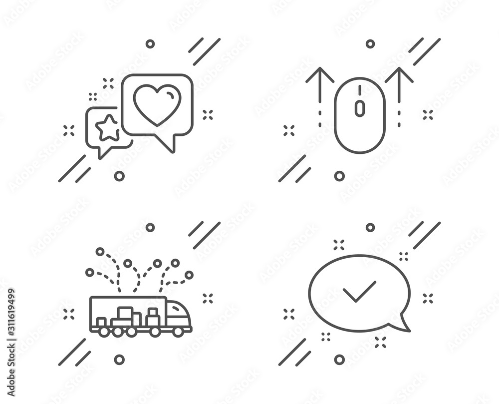 Swipe up, Truck delivery and Heart line icons set. Approved sign. Scrolling page, Logistics, Star rating. Chat message. Technology set. Line swipe up outline icon. Vector Swipe up, Truck delivery and Heart line icons set. Approved sign. Scrolling page, Logistics, Star rating. Chat message. Technology set. Line swipe up outline icon. Vector