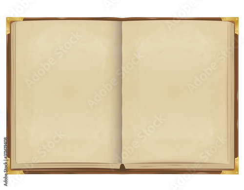 realistic vector. an old open book bound in leather with metal corners. blank pages of yellow parchment paper. isolated on white background © pal1983