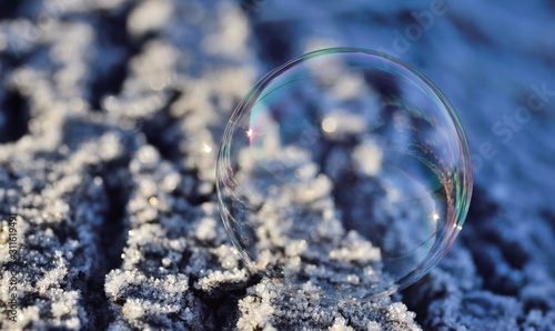 Winter mood with an iridescent transparent soap bubble on snow with white and blue background and space for text