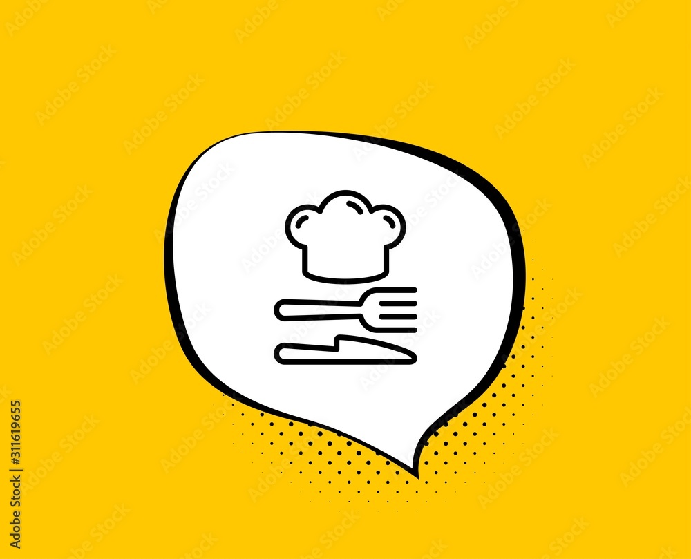 Food line icon. Comic speech bubble. Cooking chef sign. Fork, knife symbol. Yellow background with chat bubble. Food icon. Colorful banner. Vector Food line icon. Comic speech bubble. Cooking chef sign. Fork, knife symbol. Yellow background with chat bubble. Food icon. Colorful banner. Vector