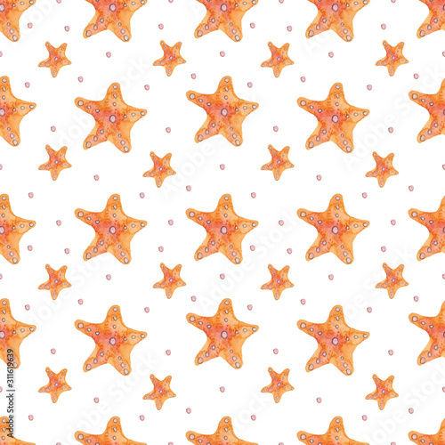 Seamless pattern of watercolor starfish on a white background. Use for invitations, birthdays, menus.