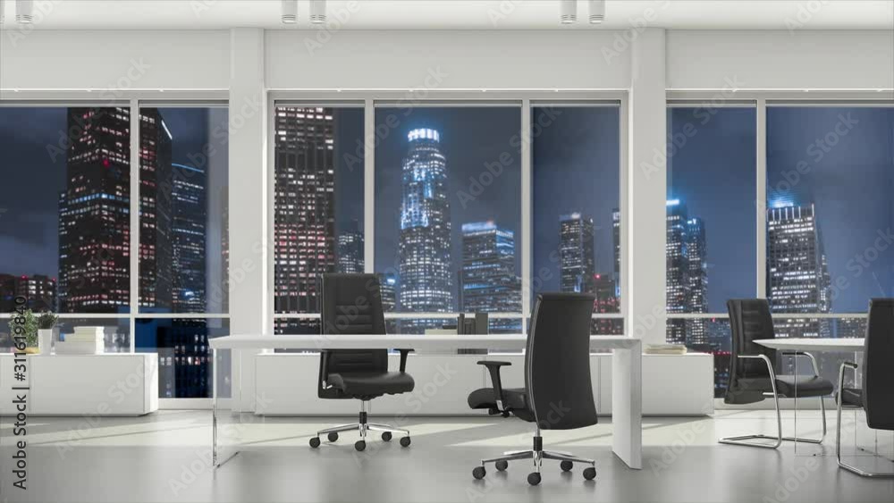 Business background with empty office in the evening. Tables and chairs in empty office and illuminated skyscrapers in urban city behind windows at night time