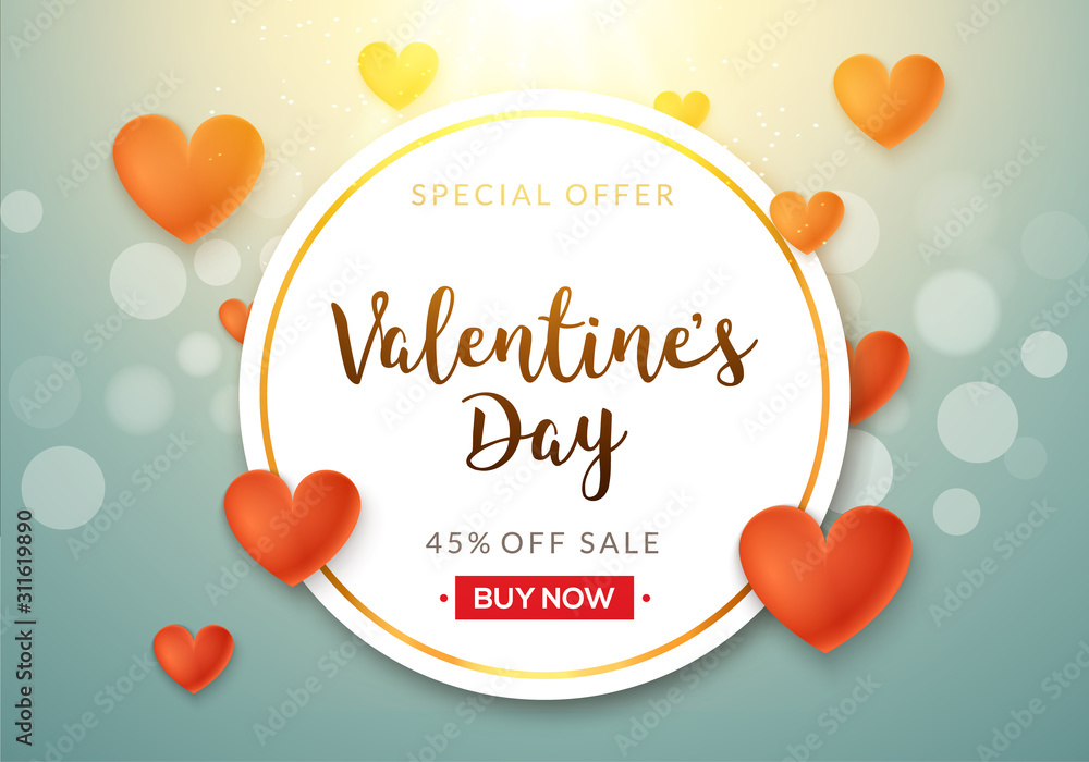 Valentines day sale vector banner background with hearts. Valentine discount holiday poster template for promo sale