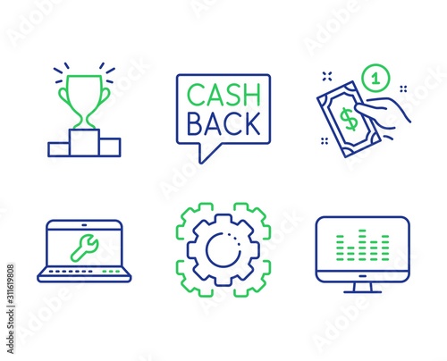 Laptop repair, Winner podium and Seo gear line icons set. Payment method, Money transfer and Music making signs. Computer service, Competition results, Cogwheel. Give money. Vector