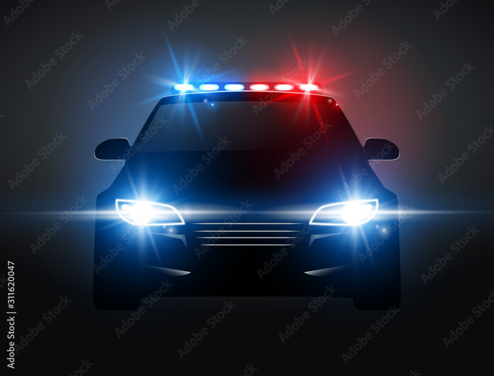 Vecteur Stock Police car light siren in night front view. Patrol cop  emergency police car silhouette with flasher