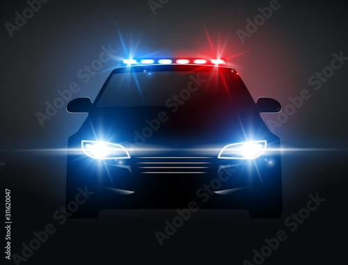 Police car light siren in night front view. Patrol cop emergency police car silhouette with flasher