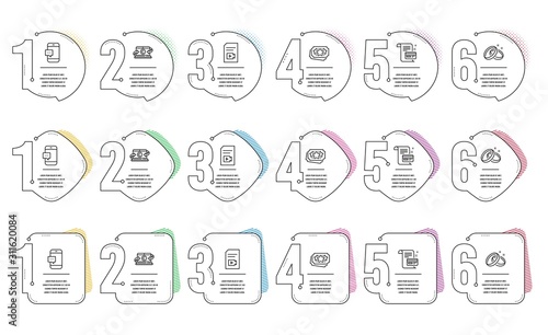 Wedding rings, Copywriting notebook and Smartphone message line icons set. Infographic timeline. Payment card, Video file and Loyalty points signs. Love, Writer laptop, Cellphone chat. Vector