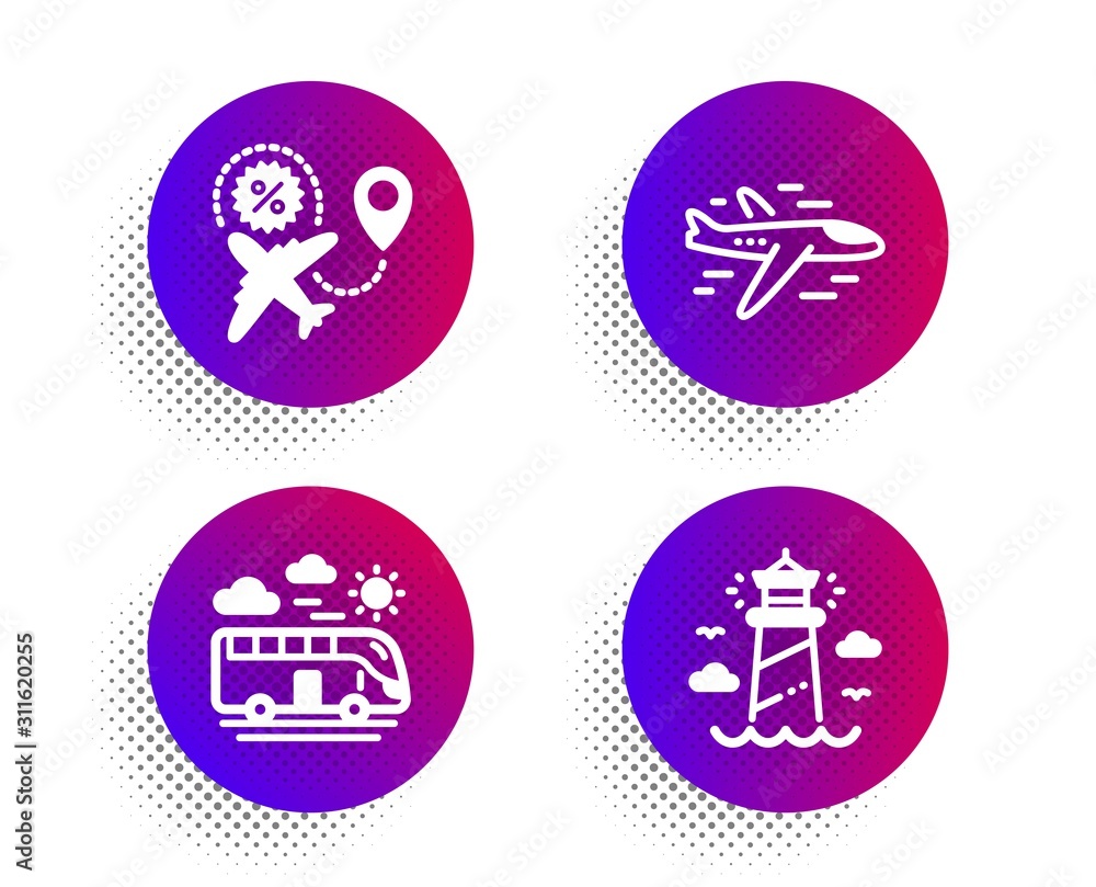 Airplane, Flight sale and Bus travel icons simple set. Halftone dots button. Lighthouse sign. Plane, Travel discount, Transport. Beacon tower. Transportation set. Classic flat airplane icon. Vector