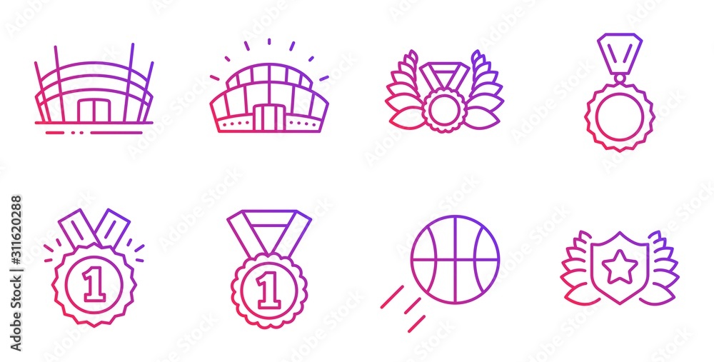 Arena stadium, Best rank and Sports stadium line icons set. Laureate medal, Medal and Basketball signs. Approved, Laureate symbols. Competition building, Championship arena. Sports set. Vector