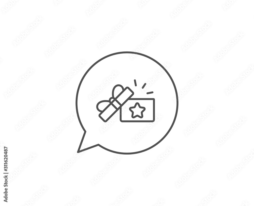 Loyalty gift box line icon. Chat bubble design. Bonus points. Discount program symbol. Outline concept. Thin line loyalty gift icon. Vector Loyalty gift box line icon. Chat bubble design. Bonus points. Discount program symbol. Outline concept. Thin line loyalty gift icon. Vector