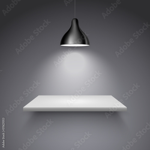 Spotlight shelf on wall background vector design. Light gallery spot empty room advertising shelf lamp