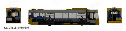 View of a sectioned city bus for passenger transport, project drawings, 3d illustration, 3d rendering