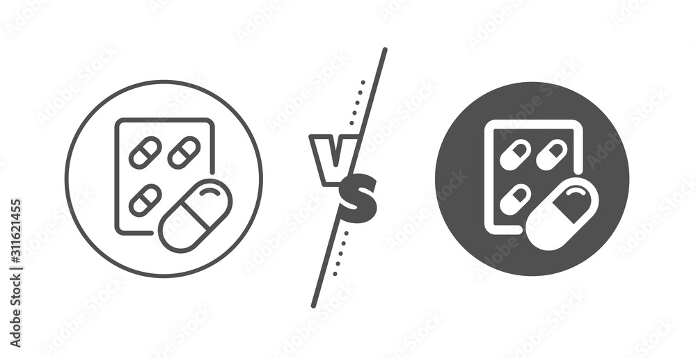 Medical drugs sign. Versus concept. Capsule pill line icon. Pharmacy medication symbol. Line vs classic capsule pill icon. Vector Medical drugs sign. Versus concept. Capsule pill line icon. Pharmacy medication symbol. Line vs classic capsule pill icon. Vector