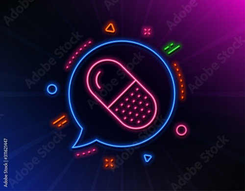 Capsule pill line icon. Neon laser lights. Medical drugs sign. Pharmacy medication symbol. Glow laser speech bubble. Neon lights chat bubble. Banner badge with capsule pill icon. Vector