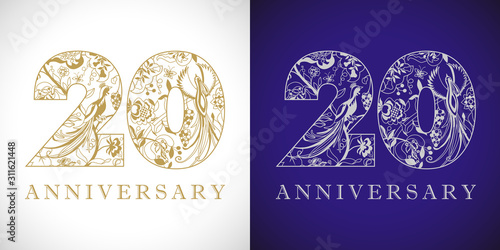 20 years old logotype. 20 th anniversary numbers. Decorative symbol. Age congrats with peacock birds. Isolated abstract graphic design template. Royal golden digits up to 20% -20% percent off discount