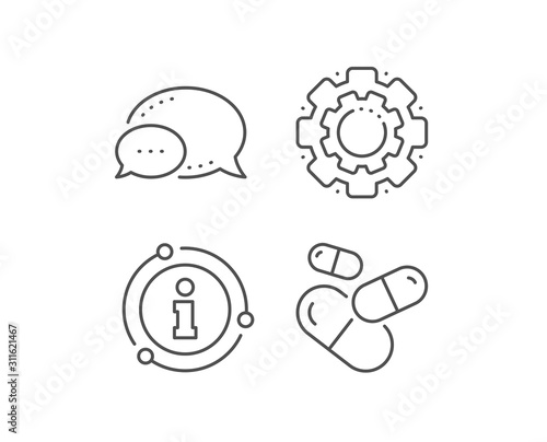 Capsule pill line icon. Chat bubble, info sign elements. Medical drugs sign. Pharmacy medication symbol. Linear capsule pill outline icon. Information bubble. Vector © blankstock