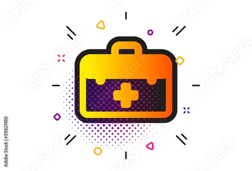 Medicical kit sign. Halftone circles pattern. First aid icon. Pharmacy medication symbol. Classic flat first aid icon. Vector