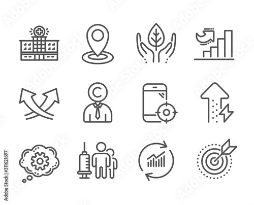 Set of Science icons, such as Copyrighter, Energy growing, Hospital building, Seo phone, Target purpose, Cogwheel, Location, Update data, Medical vaccination, Fair trade, Growth chart. Vector