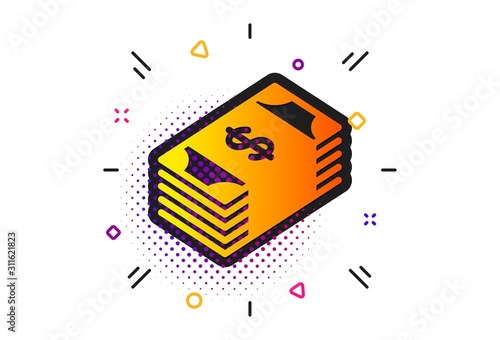 Banking currency sign. Halftone circles pattern. Cash money icon. Dollar or USD symbol. Classic flat usd currency icon. Vector