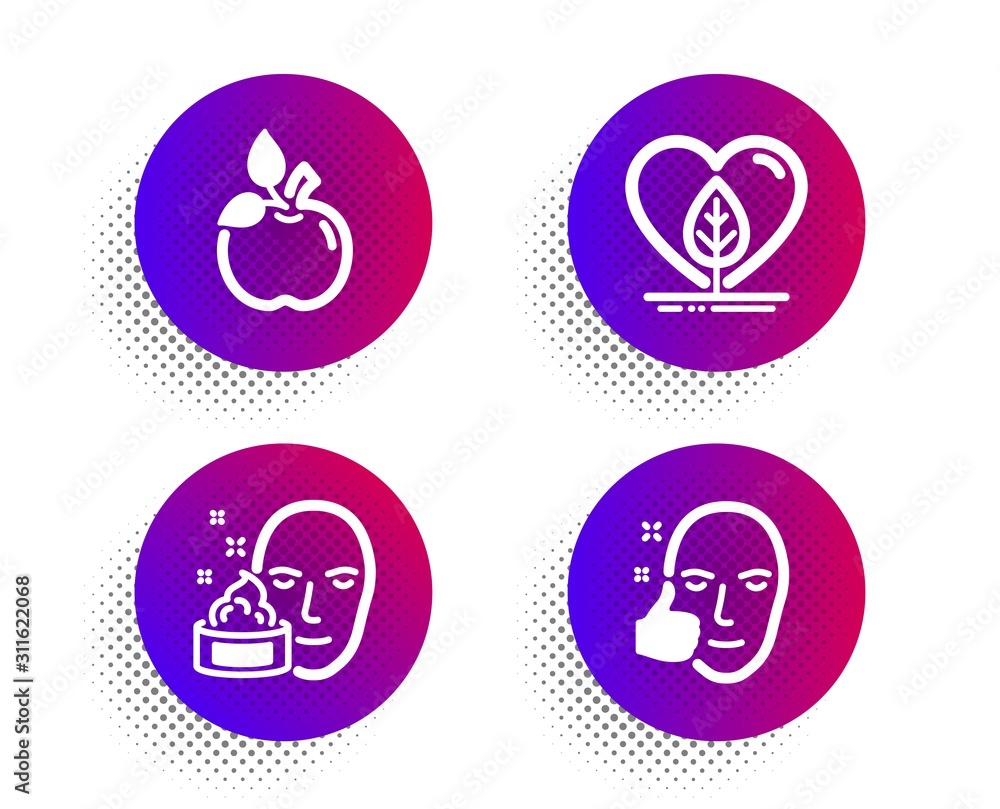 Eco food, Face cream and Local grown icons simple set. Halftone dots button. Healthy face sign. Organic tested, Gel, Healthy cosmetics. Healthcare set. Classic flat eco food icon. Vector