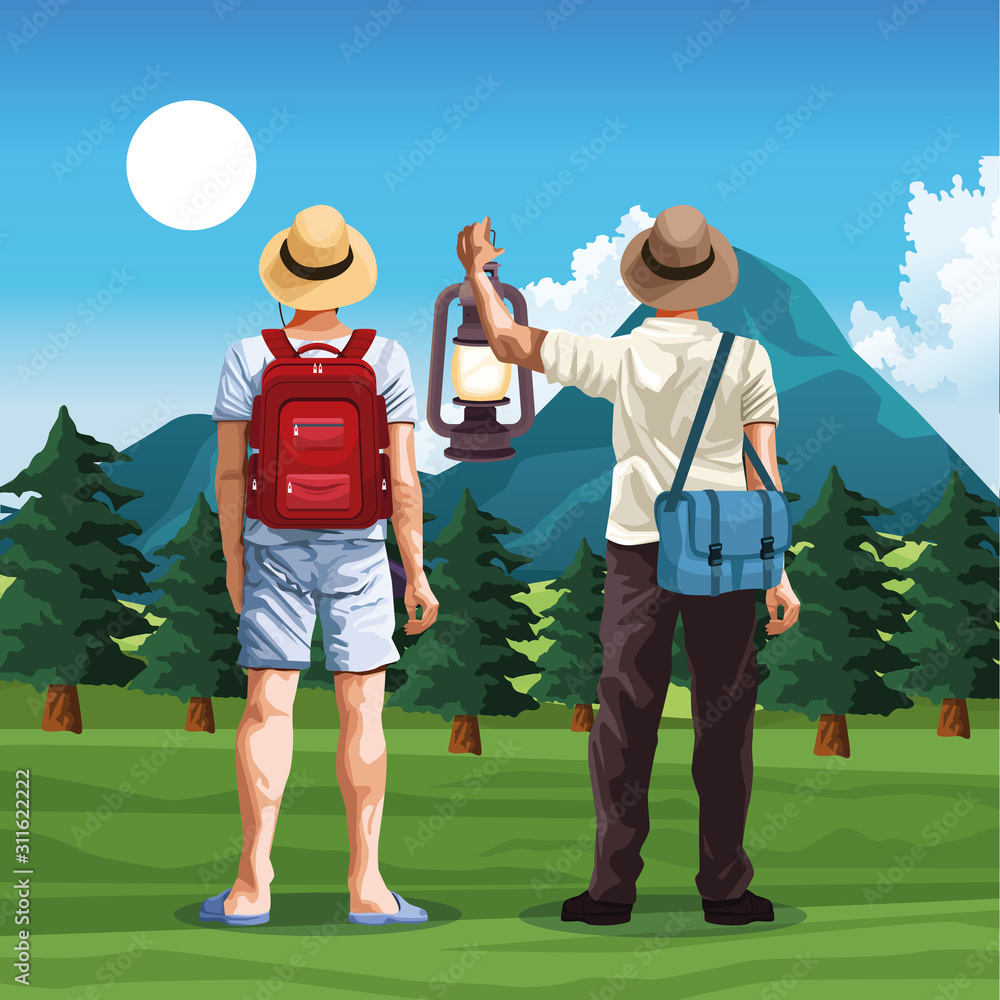 travelers men in nature landscape with mountains and trees, colorful design